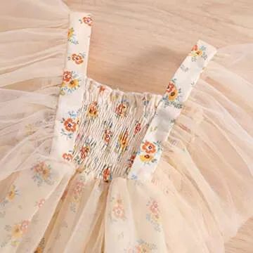 Shvaility Newborn Baby Girl Romper Floral Print Mesh Puff Sleeves Jumpsuit Bodysuit Boho Summer Clothes Pink Apricot 6-12 Months