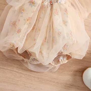 Shvaility Newborn Baby Girl Romper Floral Print Mesh Puff Sleeves Jumpsuit Bodysuit Boho Summer Clothes Pink Apricot 6-12 Months