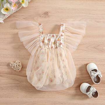 Shvaility Newborn Baby Girl Romper Floral Print Mesh Puff Sleeves Jumpsuit Bodysuit Boho Summer Clothes Pink Apricot 6-12 Months
