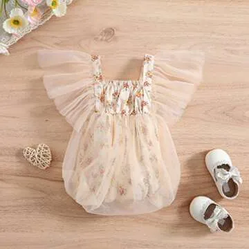 Shvaility Newborn Baby Girl Romper Floral Print Mesh Puff Sleeves Jumpsuit Bodysuit Boho Summer Clothes Pink Apricot 6-12 Months