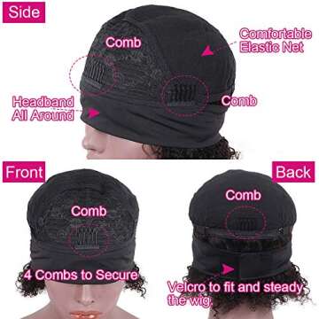Legendhair Glueless Wig Human Hair Curly Bob Pixie Cut Headband Wigs Human Hair Afro kinky Curly None Lace Front Wigs for Black Women 180% Density Machine Made Headband Wigs Natural Color (8Inch)