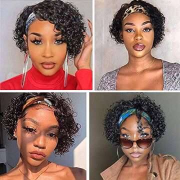 Legendhair Glueless Wig Human Hair Curly Bob Pixie Cut Headband Wigs Human Hair Afro kinky Curly None Lace Front Wigs for Black Women 180% Density Machine Made Headband Wigs Natural Color (8Inch)