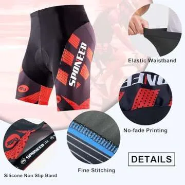 sponeed Bicycle Shorts for Men 4D Gel Padded Underpants Triathlon Workout Biking Wear Gym US L Red Multi