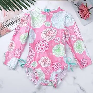 inlzdz Baby Toddler Girls Long Sleeve Floral Printed Rash Guard Shirt One-Piece Swimsuit Sun Protection Swimwear Pink 18-24 Months