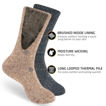 HOT FEET Thermal Socks for Men, Extreme Cold Weather, 2/4 Pack Thick Warm Socks for Men, Winter Insulated Socks, Size 6-12.5, 2 Pack, Oatmeal/Denim Heather