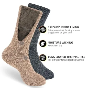 HOT FEET Thermal Socks for Men, Extreme Cold Weather, 2/4 Pack Thick Warm Socks for Men, Winter Insulated Socks, Size 6-12.5, 2 Pack, Oatmeal/Denim Heather