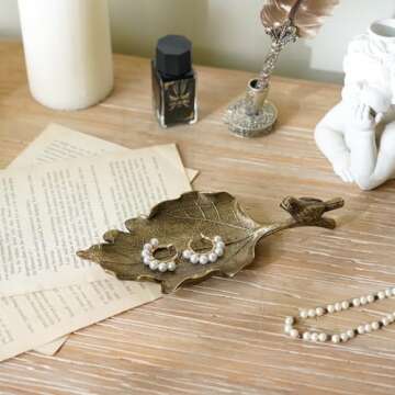 NIKKY HOME Jewelry Tray Dish, Vintage Jewelry Tray Dish, Bronze Leaf Shaped Ring Holder Jewelry Orga...