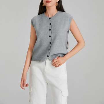 Seyurigaoka Womens Sweater Vest Button Front Round Neck Sleeveless Knit Vest Summer Ribbed Tank Tops...