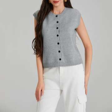 Seyurigaoka Womens Sweater Vest Button Front Round Neck Sleeveless Knit Vest Summer Ribbed Tank Tops Streetwear （grey，Small）