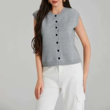 Seyurigaoka Womens Sweater Vest Button Front Round Neck Sleeveless Knit Vest Summer Ribbed Tank Tops Streetwear （grey，Small）