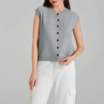 Seyurigaoka Womens Sweater Vest Button Front Round Neck Sleeveless Knit Vest Summer Ribbed Tank Tops Streetwear （grey，Small）