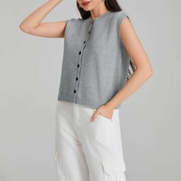 Seyurigaoka Womens Sweater Vest Button Front Round Neck Sleeveless Knit Vest Summer Ribbed Tank Tops Streetwear （grey，Small）