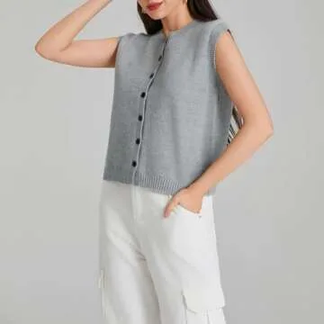 Seyurigaoka Womens Sweater Vest Button Front Round Neck Sleeveless Knit Vest Summer Ribbed Tank Tops Streetwear （grey，Small）