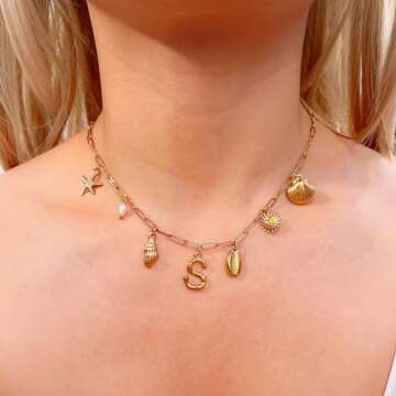 Gold Initial Charm Necklace for Women Gold Shell Starfish Necklace Summer Beach Charms Necklaces for Women Beach Jewelry Gift Initial S