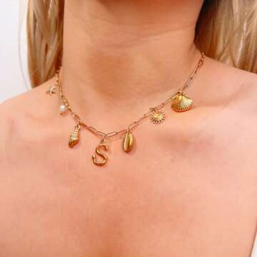 Gold Initial Charm Necklace for Women Gold Shell Starfish Necklace Summer Beach Charms Necklaces for Women Beach Jewelry Gift Initial S