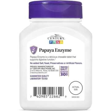 21st Century Papaya Enzyme Chewable (100 Count), Papaya & Pineapple Digestive Enzymes for Gut Health, Tropical Flavor, Non-GMO, Gluten-Free, No Added Salt, Yeast, Artificial Flavors
