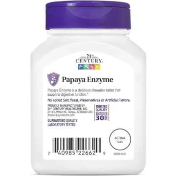 21st Century Papaya Enzyme Chewable (100 Count), Papaya & Pineapple Digestive Enzymes for Gut Health, Tropical Flavor, Non-GMO, Gluten-Free, No Added Salt, Yeast, Artificial Flavors