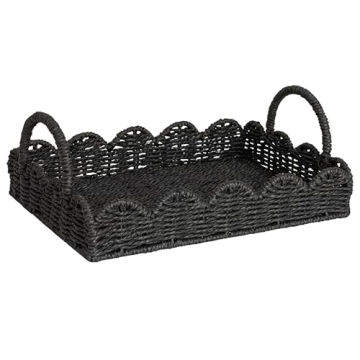 Household Essentials Handwoven Paper Rope Tray with Scalloped Edge, Black