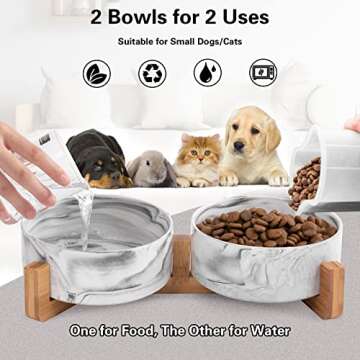 Ihoming Marbling Cat Bowls, Puppy Ceramic Food and Water Bowls Set, 1 3/4 Cups X 2, Indoors Black Pet Bowls with Wood Stand