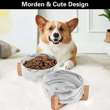 Ihoming Marbling Cat Bowls, Puppy Ceramic Food and Water Bowls Set, 1 3/4 Cups X 2, Indoors Black Pet Bowls with Wood Stand