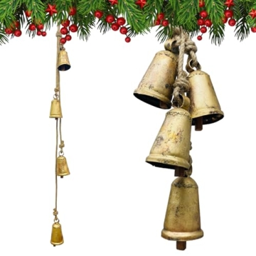 Set of 4 Rustic Hanging Bells Shabby Chic Metal Tibetan Inspired Meditation Cow Bells with Jute Rope Vintage Handmade Lucky Rustic Metal Tranquil Wind Chimes Wall Hanging Decor
