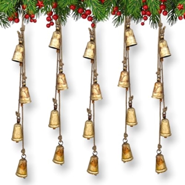 Set of 4 Rustic Hanging Bells Shabby Chic Metal Tibetan Inspired Meditation Cow Bells with Jute Rope Vintage Handmade Lucky Rustic Metal Tranquil Wind Chimes Wall Hanging Decor