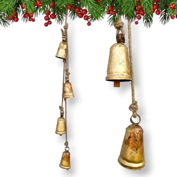 Set of 4 Rustic Hanging Bells Shabby Chic Metal Tibetan Inspired Meditation Cow Bells with Jute Rope Vintage Handmade Lucky Rustic Metal Tranquil Wind Chimes Wall Hanging Decor