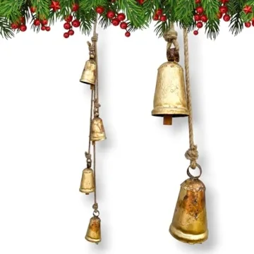 Set of 4 Rustic Hanging Bells Shabby Chic Metal Tibetan Inspired Meditation Cow Bells with Jute Rope Vintage Handmade Lucky Rustic Metal Tranquil Wind Chimes Wall Hanging Decor