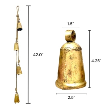 Set of 4 Rustic Hanging Bells Shabby Chic Metal Tibetan Inspired Meditation Cow Bells with Jute Rope Vintage Handmade Lucky Rustic Metal Tranquil Wind Chimes Wall Hanging Decor