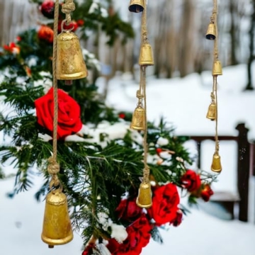 Set of 4 Rustic Hanging Bells Shabby Chic Metal Tibetan Inspired Meditation Cow Bells with Jute Rope Vintage Handmade Lucky Rustic Metal Tranquil Wind Chimes Wall Hanging Decor