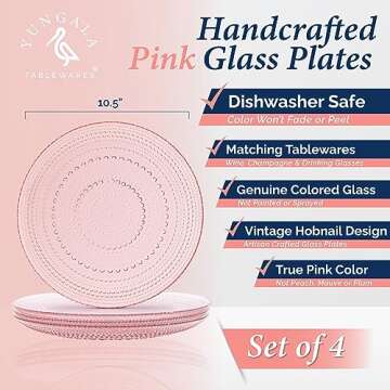 Yungala Pink Glass Plates set of 4 Hobnail Plates 10.5IN, Vintage dinner plates with matching pink glassware sets for Housewarming gift, Thanksgiving, Easter