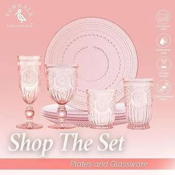 Yungala Pink Glass Plates set of 4 Hobnail Plates 10.5IN, Vintage dinner plates with matching pink glassware sets for Housewarming gift, Thanksgiving, Easter