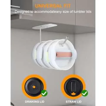 2Pack Tumbler Lid Organizer, Cup Lid Hook Under Cabinet for Yeti Tumbler/Stanley Tumbler/Simple Modern Tumbler Lids, Self-Adhesive or Drilling Tumbler Lid Hook for Kitchen Organizers and Storage