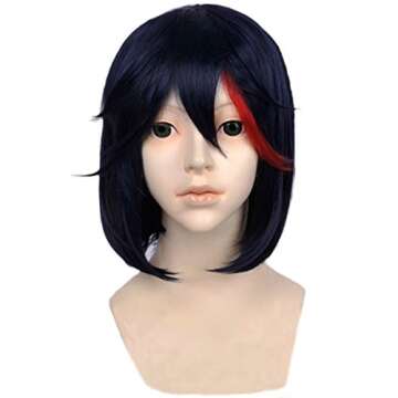 ANOGOL Hair Cap + Dark Blue Mixed Red Anime Cosplay Wig Girl Short Bob Wigs For Anime Cosplay Women,...