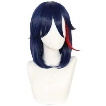 ANOGOL Hair Cap + Dark Blue Mixed Red Anime Cosplay Wig Girl Short Bob Wigs For Anime Cosplay Women, Dark Blue with Red Highlight For For Halloween Costumes Women Wigs Cosplay Party