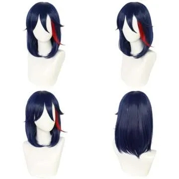 ANOGOL Hair Cap + Dark Blue Mixed Red Anime Cosplay Wig Girl Short Bob Wigs For Anime Cosplay Women, Dark Blue with Red Highlight For For Halloween Costumes Women Wigs Cosplay Party