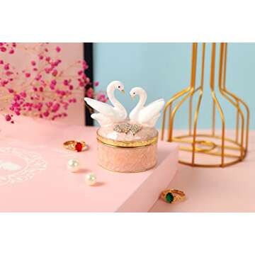 Furuida Swan Trinket Box Hinged Crystal Enameled Ornament Decorative Jewelry Ring Store Box Hand-Painted Craft Gifts for Home Decor (Pink)