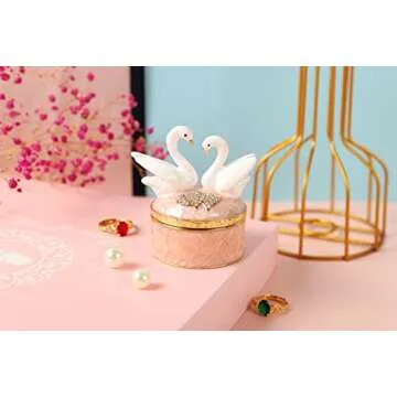 Furuida Swan Trinket Box Hinged Crystal Enameled Ornament Decorative Jewelry Ring Store Box Hand-Painted Craft Gifts for Home Decor (Pink)