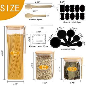 5 Square Glass Food Jars with Bamboo Lids, Airtight Kitchen Canisters