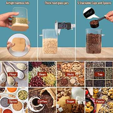 5 Square Glass Food Jars with Bamboo Lids and Measuring Cups Set