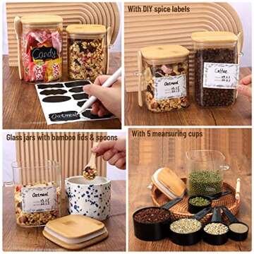 5 Square Glass Food Jars with Bamboo Lids and Measuring Cups Set