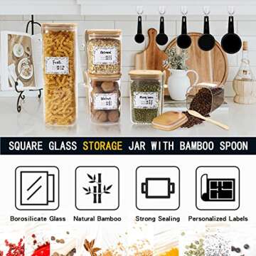 5 Square Glass Food Jars with Bamboo Lids and Measuring Cups Set