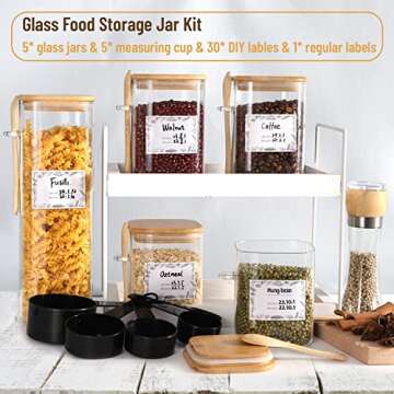 5 Square Glass Food Jars with Bamboo Lids and Measuring Cups Set