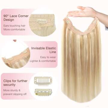 GOO GOO Wire Hair Extensions Human Hair, 18A/613A Dark Blonde mix Bleach Blonde Highlighted 18inch 95g, Invisible Wire Hair Extensions with Transparent, Seamless Fish Line Hairpiece