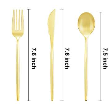 LIYH 102pcs Gold Plastic Silverware, Disposable Utensils with Heavy Duty Design for Fancy Parties, D...