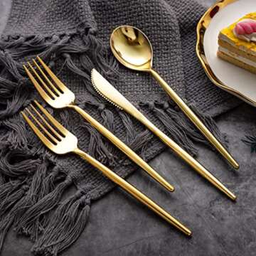 LIYH 102pcs Gold Plastic Silverware, Disposable Utensils with Heavy Duty Design for Fancy Parties, Disposable Gold Forks,Disposable Gold Silverware Spoon Suit for Weddings, Events & Decorations