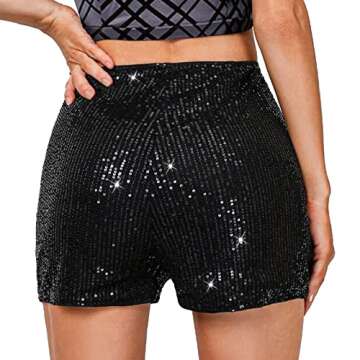 Peinabin Sequin Shorts for Women High Waist Elastic Sparkly Straight Leg Short Glitter Sparkle Hot Pants Solid Party Black, Medium