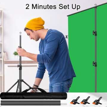 5X6.5ft Green Screen Backdrop with Stand Height Adjusted, Washable, Ironable Green Screen with T-Shape Background Stand Kit with Carrying Bag & Clamps for Streaming, Video, Zooming, Gaming