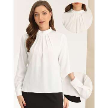 Allegra K Business Dressy Casual Work Tops Shirt for Women's Stand Collar Long Sleeve Blouse Medium White