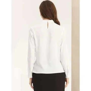 Allegra K Business Dressy Casual Work Tops Shirt for Women's Stand Collar Long Sleeve Blouse Medium White
